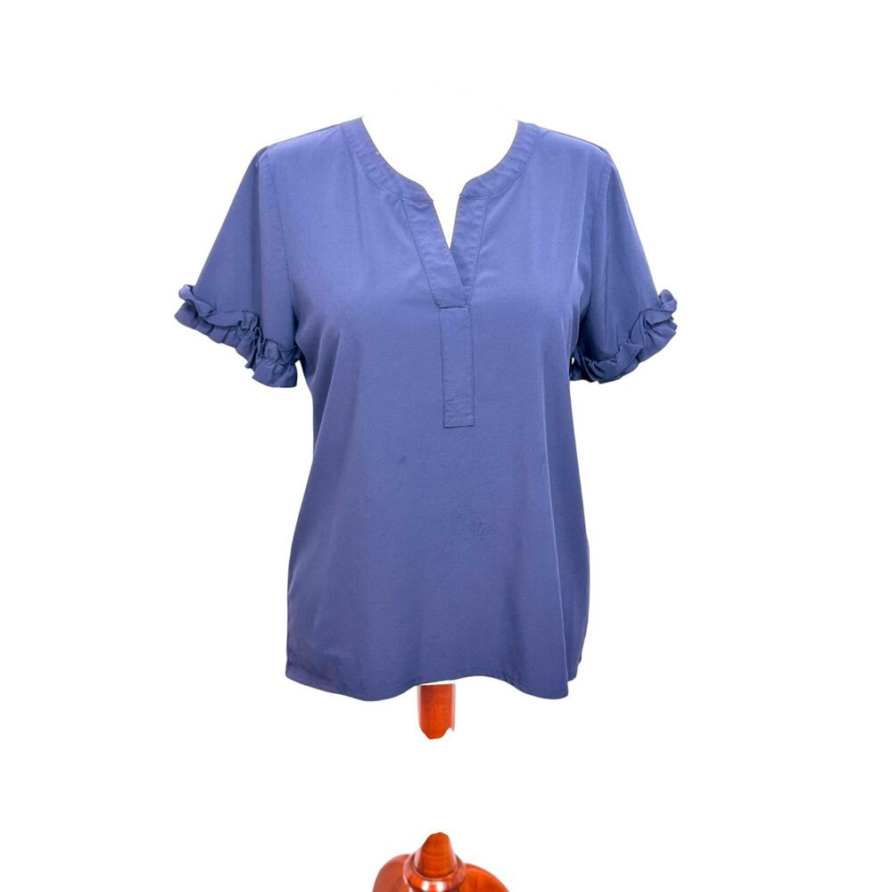 Chico's Zenergy short ruffled sleeve top navy blue open neck popover Sz 1 US M